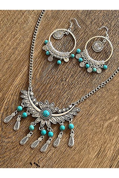 Büyük Hanım Retro Style Turquoise Bead Large Model Necklace Earring Set