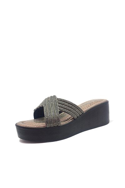 GDT Ayakkabı Platinum Color Wedge Heel Stone Detailed Women's Slippers