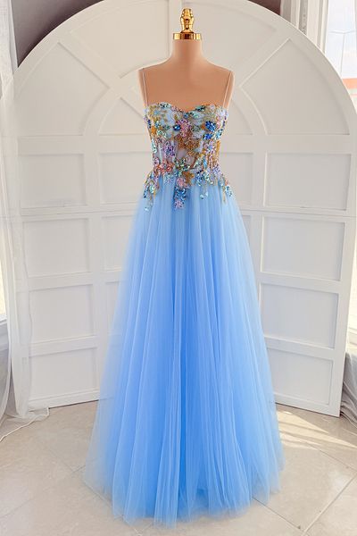 Lenta Moda Ice Blue Color Embroidered Lace Overlay Transparent Evening Dress and Evening Dress