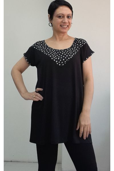 Mertcan Butik Black Front Polka Dot Garnish Size with the Whole Coming Low Arm Combed Viscose T-Shirt