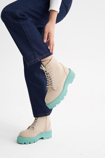 Eataly Shoes 210 Bej Albastru Tab. Cizme de damă cu talpă cu zimțuri din piele intoarsa