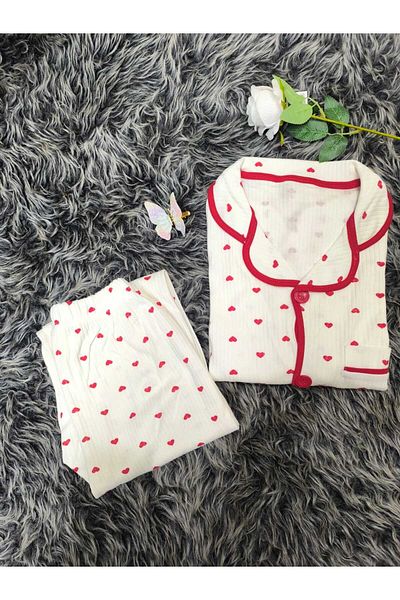 butaelle butik Women's Cotton Knitted Pajama Suit with Heart
