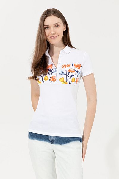 U.S. Polo Assn. Tricou alb cu gât polo de bază pentru femei