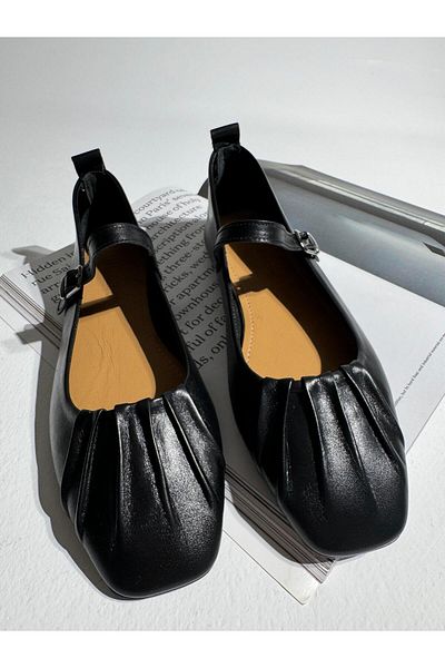 Eataly Shoes Balerini din piele Mathilda Black Gathered