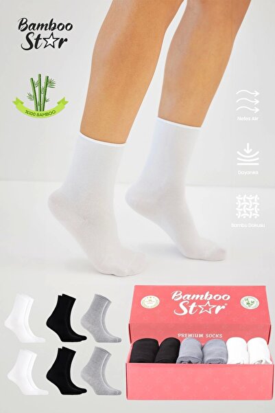 bamboo star Дамски първокласни бамбукови чорапи - чифт от 6 броя, бяло-черно-сиви, еластични и безшевни, закопчаване