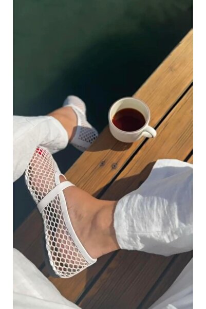 Eataly Shoes Cody White - Balerini mari din plasă cu detaliu de centură