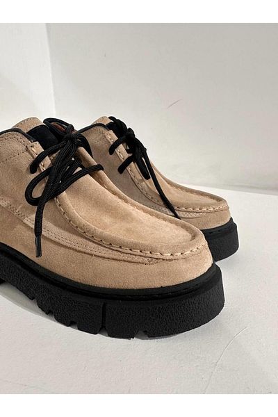 Eataly Shoes Cizme de damă cu șireturi din piele intoarsa bej Berlin