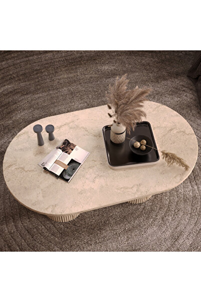 klubeconcept Bohem Traverten Desenli Oval Orta Sehpa - Silindirik Ayak Tasarı...