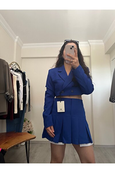 Eslem Erva Pileli Etek Crop Ceket Takım
