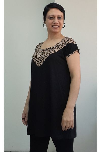 Mertcan Butik Black Front Leopard Garnish Size with Whole Coming Low Arm Combed Viscose T-Shirt