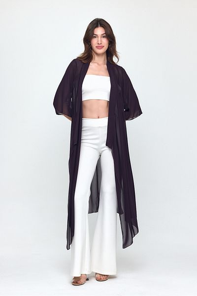 Laranor Plum Shawl Collar Three Quarter Sleeve Chiffon Long Kimono - Cardigan - Beachwear 25L8035