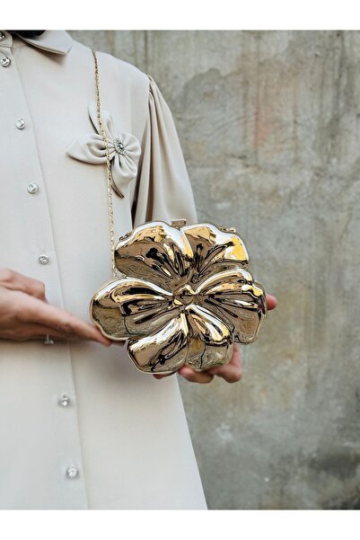 Çanta Trend Flower Shaped Metal Evening Dress Bag with Long Chain Strap