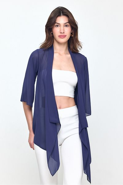 Laranor Navy Blue Shawl Collar Three Quarter Sleeve Chiffon Kimono - Cardigan - Beach Clothing 25L8034