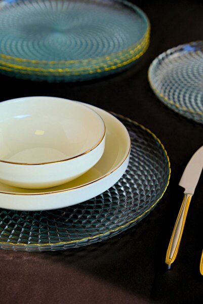 tabakevi Plate House Gold Gilded Glass Serving Plate 26cm 6 Pcs 2345