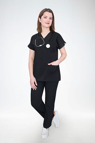 Nur Medikal Giyim Uniformă unisex neagră Lycra Doctor Hospital Asistentă Scrubs Greys