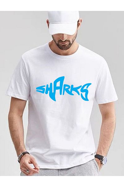 makiteks Tricou cu imprimeu Shark pentru bărbați, unisex, supradimensionat, cu decolteu, cu imprimeu, Tricou alb, negru, gri