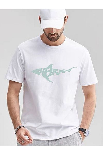 makiteks Tricou cu imprimeu Shark pentru bărbați, unisex, supradimensionat, cu decolteu, cu imprimeu, Tricou alb, negru, gri