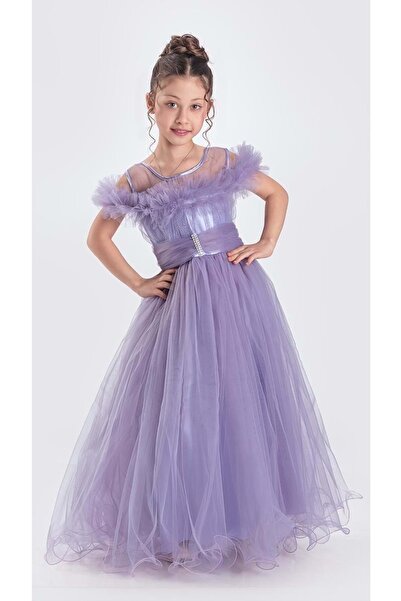 Mnk Baby&Kids Uzun Etek Kız Çocuk Robası Şifon Abiye M00723 LİLA