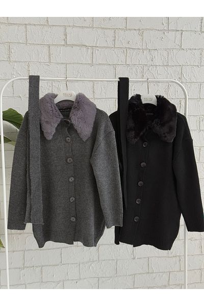 Melike Tatar Women's Fur Collar Belted Sweater Anthracite Cardigan 7009