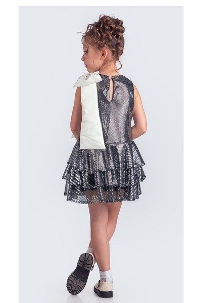 Mnk Baby&Kids Yaka Fiyonk Işıltılı Pul Payet Kumaş Kız Çocuk Abiye Elbise M00702 Siyah - Gri