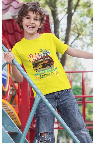 Bubuga Boys California Surf Contest Venice Beach Printed Short Sleeve T-Shirt – 100% Cotton Single Jersey Fabric