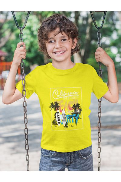 Bubuga Boys California Venice Beach Surf Printed Short Sleeve T-Shirt – 100% Cotton Single Jersey Fabric