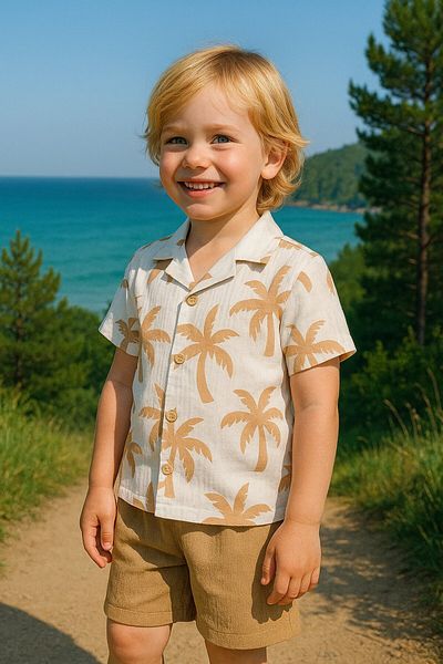 Yalçınoğlu Kids Summer Suit for Kids: Palm Print Shirt and Shorts I Elegance on Vacation I Wrinkled Fabric I