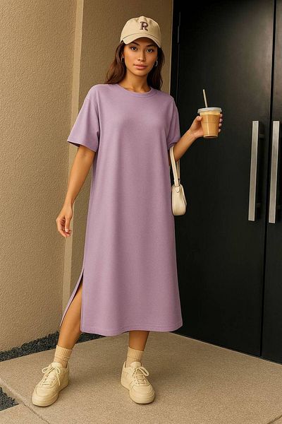 cicigünler Women's Crew Neck Slit Dress Oversize Fit Purple Color