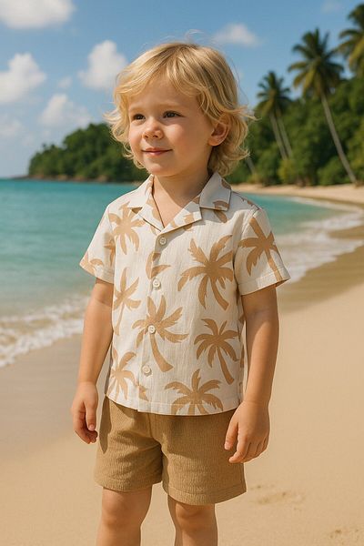 Yalçınoğlu Kids Summer Suit for Kids: Palm Print Shirt and Shorts I Elegance on Vacation I Wrinkled Fabric I