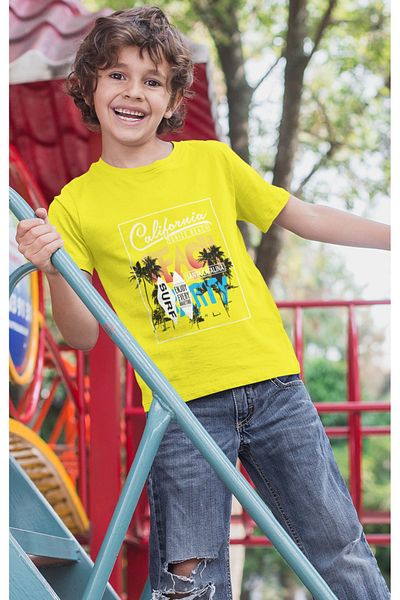 Bubuga Boys California Venice Beach Surf Printed Short Sleeve T-Shirt – 100% Cotton Single Jersey Fabric