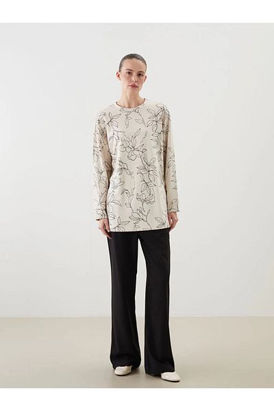 LC Waikiki Lcwaikiki Basic Beige Floral Oversize Women's Sweatshirt Tunic