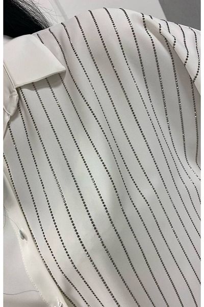 CELT Women's Bat Sleeve Stripe Stone Buttoned Chiffon Shirt Blouse - White