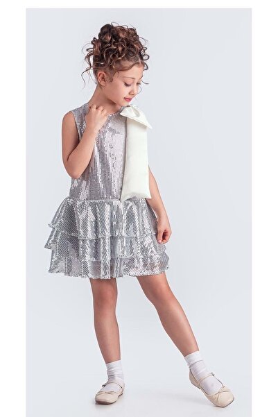 Mnk Baby&Kids Rochie de seară pentru fetiță cu paiete strălucitoare cu fundă la guler M00702 SILVER