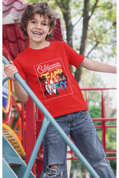 Bubuga Boys California Venice Beach Surf Printed Short Sleeve T-Shirt – 100% Cotton Single Jersey Fabric