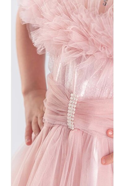 Mnk Baby&Kids Uzun Etek Kız Çocuk Robası Şifon Abiye M00723 PUDRA