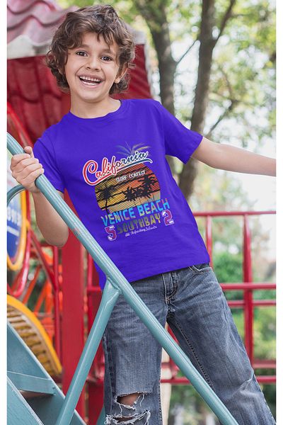 Bubuga Boys California Surf Contest Venice Beach Printed Short Sleeve T-Shirt – 100% Cotton Single Jersey Fabric