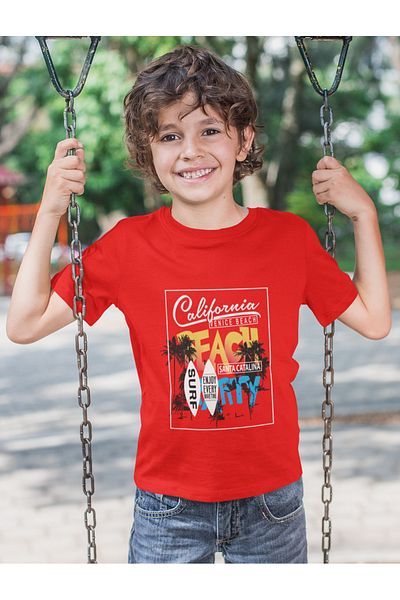 Bubuga Boys California Venice Beach Surf Printed Short Sleeve T-Shirt – 100% Cotton Single Jersey Fabric
