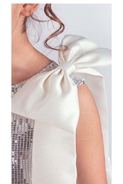 Mnk Baby&Kids Yaka Fiyonk Işıltılı Pul Payet Kumaş Kız Çocuk Abiye Elbise M00702 GÜMÜŞ