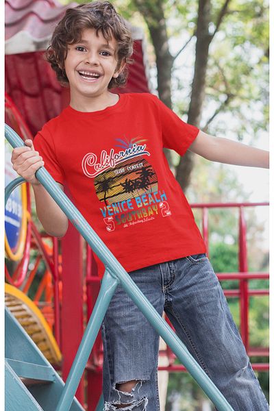 Bubuga Boys California Surf Contest Venice Beach Printed Short Sleeve T-Shirt – 100% Cotton Single Jersey Fabric