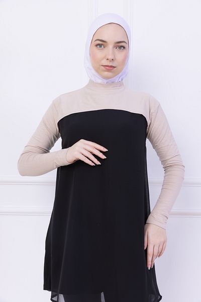 Loggia Γυναικείο κορμάκι Hijab Crop Bolero με ζιβάγκο με λαιμόκοψη μπεζ - Lycra Stand Collar