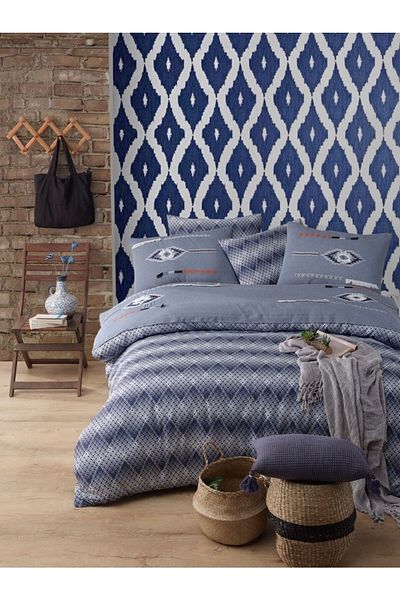 CzyLife Bedspread Set & Embroidered Duvet Cover Set |   Blue |   9 Pieces