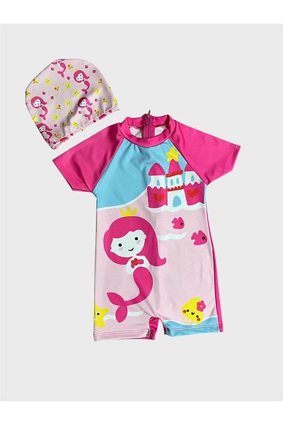 ALİŞ KİDS Girl's Pink Mermaid Castle Patterned Short Sleeve Boned Protected Swimsuit