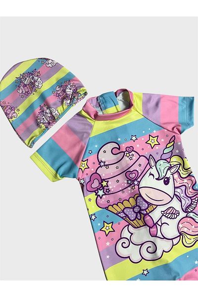 ALİŞ KİDS Girl's Pink Ice Cream Unicorn Patterned Short Sleeve Bonnet Protected Swimsuit