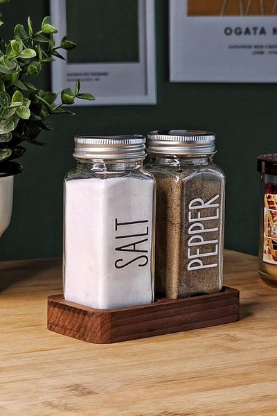 KDROĞLU Leather Glass Salt Shaker Pepper Shaker with Wooden Stand New