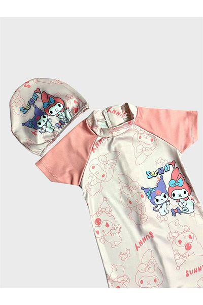 ALİŞ KİDS Girl's Cream Yavruağzı Kuromi Sunny Patterned Short Sleeve Bonnet Protected Swimsuit