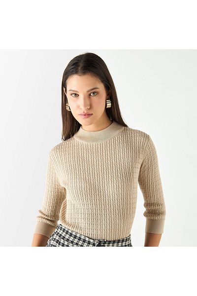 Smart Textured Crew Neck Top with 3/4 Sleeves