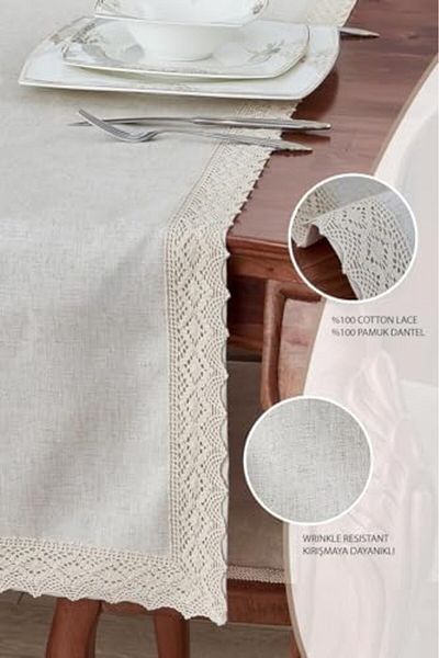 KDROĞLU NEVERMIND Λινό Βαμβακερό Δαντελένιο Runner 50x130cm Κάλυμμα Τραπεζιού Τραπεζάκι Σαλονιού Ανθεκτικό στους λεκέδες Κουζίνα Β