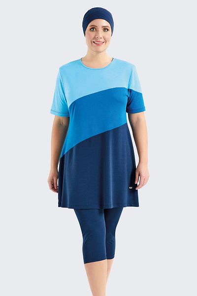 C&City Große Größe Kurzarm Strumpfhose Halbbedeckter Hijab Badeanzug C11206 Marineblau