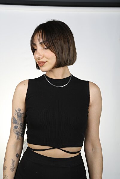 sopinksovamp Дамски черен къс топ с висока яка, кръстосани връзки и ребриста ...