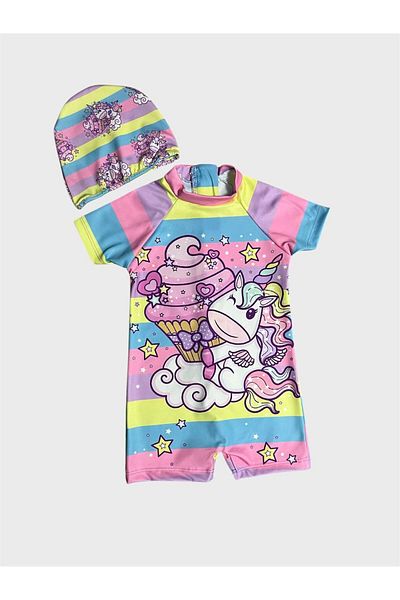 ALİŞ KİDS Girl's Pink Ice Cream Unicorn Patterned Short Sleeve Bonnet Protected Swimsuit
